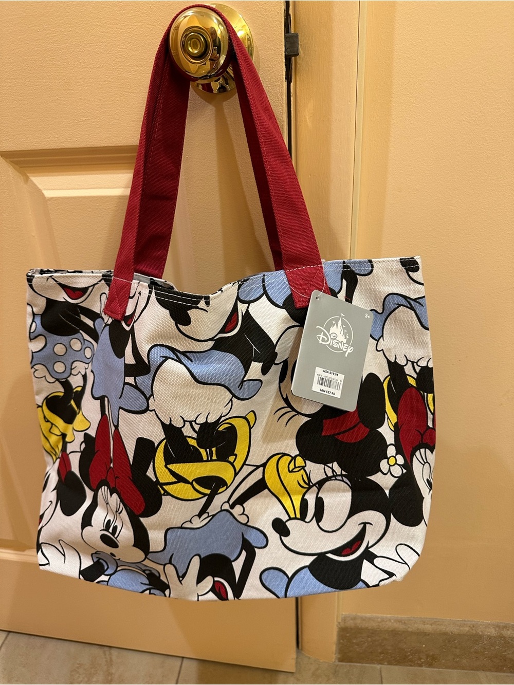 Disney Canvas Tote with Minnie & Friends Multicolor Print and Red Handles NWT - Picture 1 of 4